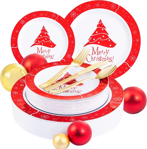Rubtlamp 125 piezas de platos de plástico de Navidad, platos rojos de plástico con árbol de Navidad nevado, vajilla desechable de Navidad incluye 25