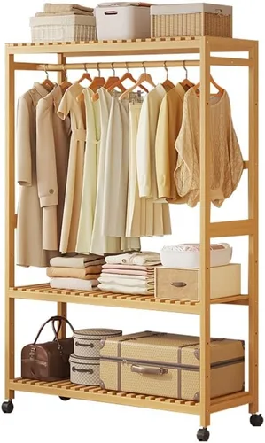 Miniatura 7 de Bamboo Wardrobe/Clothes Rail/Clothes Rack/Garment Rack,Free Standing Clothes Rail with Wheels,Open Wardrobe with Shelves,for Entryway Living Room