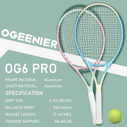 Miniatura 2 de OGEENIER Juego de 2 raquetas de tenis para adultos, 27 pulgadas preencordadas para principiantes, juego de raquetas de tenis de aluminio ligeras