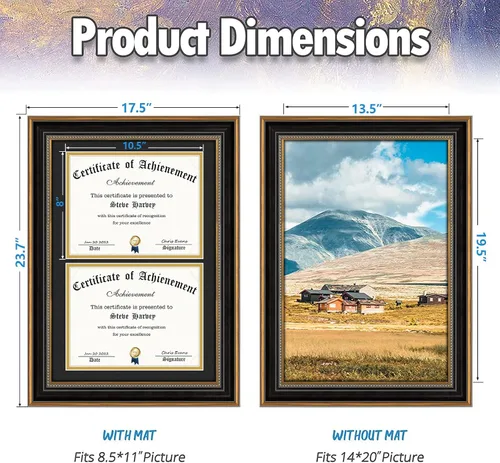 Miniatura 3 de AUEAR, Marco de diploma doble de 14 x 20 pulgadas con 2 aberturas para dos certificados de 8.5 x 11, exhibición de pared y cristal real