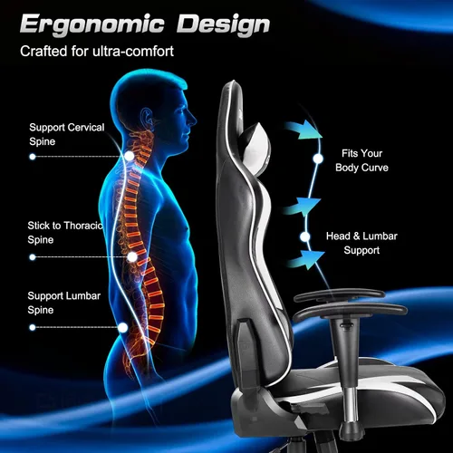 Miniatura 8 de GYMAX Silla de juegos de computadora, silla de oficina de estilo carreras con reposacabezas de soporte lumbar ajustable, giratorio de 360°, silla