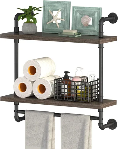 Miniatura 10 de Helsin Estantes de Baño Flotantes de Tubería Industrial Montados en la Pared con Barra de Toallas, Estante de Pared de Madera Rústica de 2 Niveles