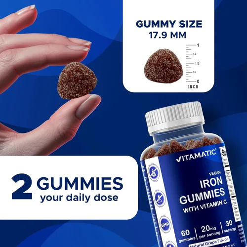 Miniatura 4 de Vitamatic Suplemento de gomitas de hierro para mujeres y hombres, porción de 20 mg, 60 gomitas veganas, vitaminas de gomitas de hierro de gran sabor