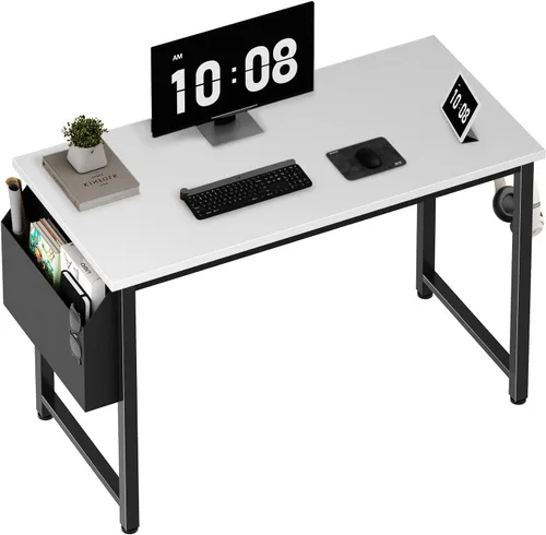 Lufeiya Escritorio de computadora blanco para espacios pequeños, oficina en casa, 39 pulgadas, moderno escritorio de estudio para PC con gancho para