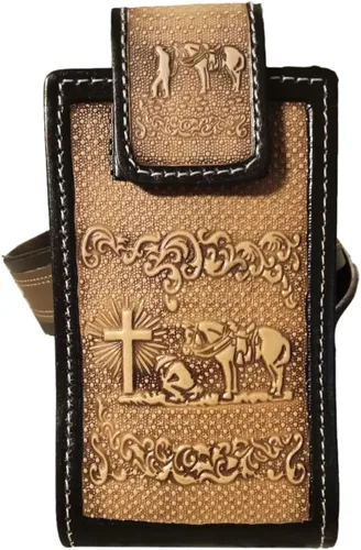 Miniatura 6 de Western autentic Tooled Leather Mexican Cell Phone Case for Belt. Men and Horse Pray Design. con cierre magnético. Tamaño universal (Capuccino)