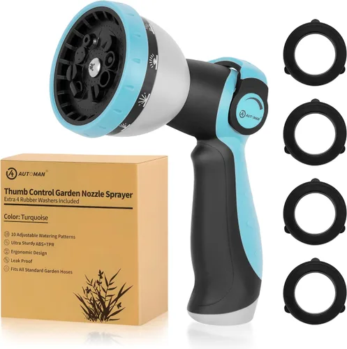 AUTOMAN Boquilla rociadora para manguera de jardín - 10 patrones de rociado, alta presión, válvula de control con pulgar, boquilla de agua de metal