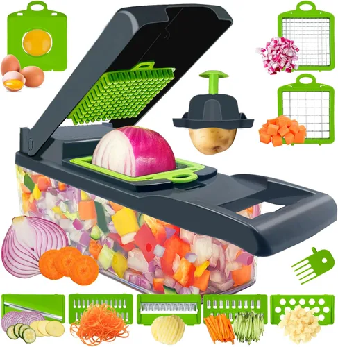 Picador de verduras, multifuncional 14 en 1, picador de verduras de cocina con 8 cuchillas, cortador de cebolla profesional, cortador de verduras