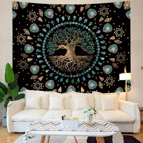 Miniatura 5 de Tapiz de árbol de la vida para dormitorio, tapiz de mandala hippie estético, naturaleza espiritual, tapices de árbol de abulón y dorado, tapiz
