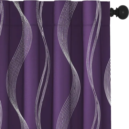 Miniatura 10 de Deconovo - Cortinas blackout con aislamiento térmico para comedor y cocina, estampado a rayas plateadas, trabillas traseras y bolsillo para Gris