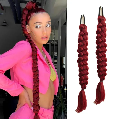 Miniatura 6 de 2 paquetes de 16 pulgadas de extensión de cola de caballo trenzada larga negra para mujeres negras con banda elástica, trenzado recto, extensiones