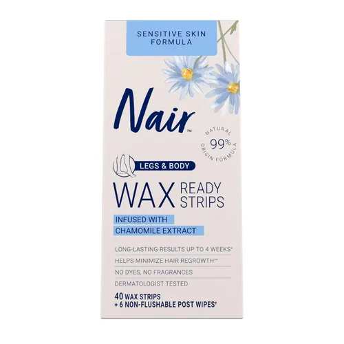 Nair Tiras de Cera Listas para Usar Sin Desorden para Depilación, Piernas y Cuerpo, Tiras de Cera de Depilación Fácil para Piel Sensible, Extracto