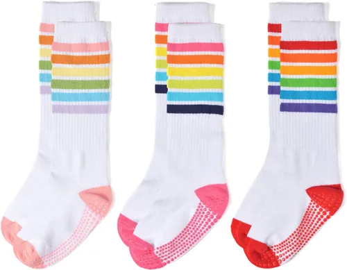 Miniatura 30 de EPEIUS Calcetines altos hasta la rodilla con rayas de arco iris para bebé, calcetines de tubo antideslizantes para uniforme de fútbol para niños