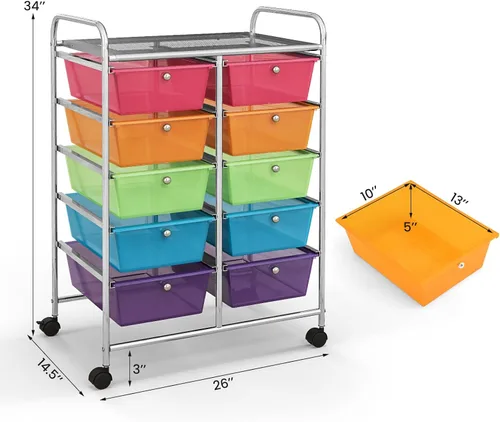 Miniatura 3 de Giantex - Carro rodante con 10 cajones, organizadores para aulas, carro de almacenamiento con ruedas, para suministros de oficina, hogar, escuela