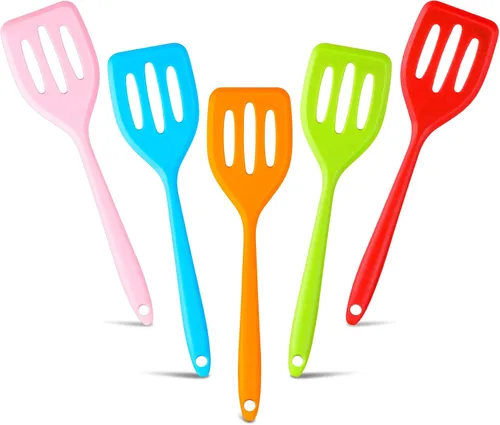 Paquete de 5 espátulas pequeñas de silicona, mini espátula de goma resistente al calor, espátula de huevo ranurado para pescado, aleta pequeña para