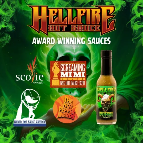 Miniatura 7 de Hellfire Hot Sauce Infierno De Ajo Verde - Salsa Verde de ajo Gourmet Salsa picante con pimientos verdes Carolina Reaper, 5 onzas