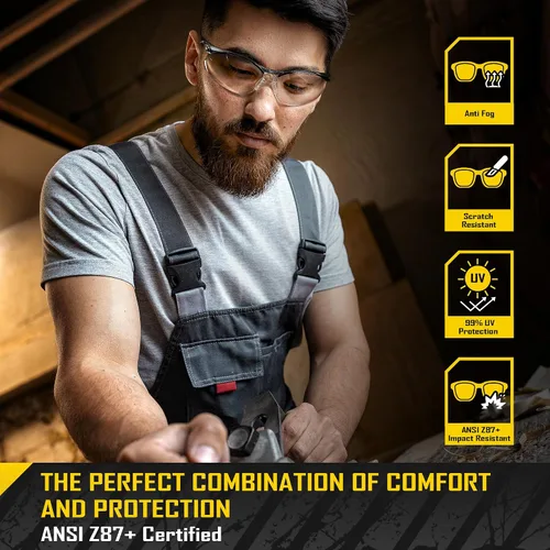Miniatura 3 de COOLJOB Gafas de seguridad antivaho con lente transparente antiarañazos, ANSI Z87.1. Gafas de protección contra impactos y UV con tapones de oído