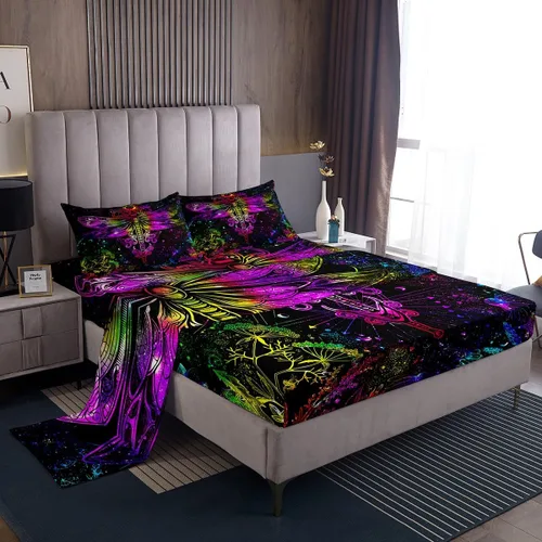 Miniatura 25 de Erosebridal Juego de sábanas tamaño individual con estampado de luna, diseño de flores de loto, color morado degradado, juego de sábanas orientales