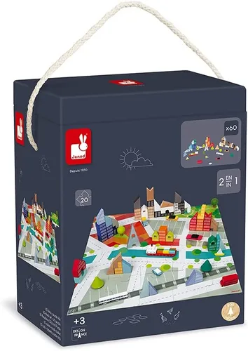 Miniatura 7 de Janod - 60 bloques Kubix de madera + rompecabezas de ciudad de cartón - 3 años + J08304