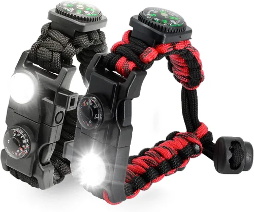 Miniatura 17 de Brazalete de paracord de supervivencia 20 en 1, kit de equipo ajustable con luz LED SOS, arrancador de fuego, brújula más grande, silbato de Negro