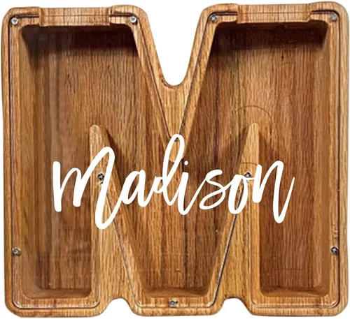 Miniatura 24 de Alcancía de madera grande personalizada, 7.5 pulgadas, con ventana acrílica fácil de abrir, caja de ahorro de dinero inicial para niños y niñas