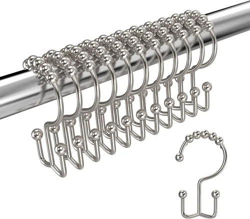 Miniatura 7 de Ganchos de doble cara para cortina de ducha con bolas de rodillo de deslizamiento suave, ganchos de metal inoxidables para cortina y forro, juego