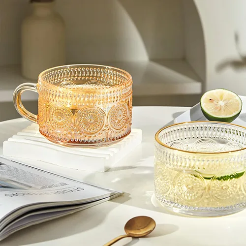 Miniatura 4 de MFACOY Juego de 2 tazas de café vintage, tazas de té de vidrio de 14 onzas con asa, tazas de vidrio en relieve ámbar para capuchino, latte