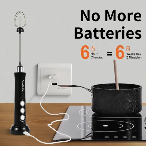 Miniatura 3 de FoodVille MF09 Espumador de leche recargable 3 en 1 Máquina de espuma de mano con soporte de carga y 3 batidores de acero inoxidable (negro sin caja)