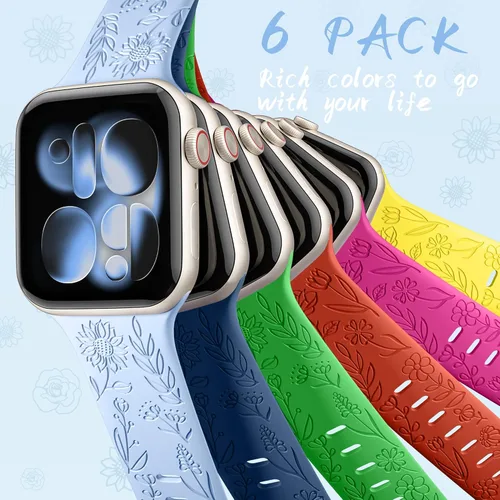 Miniatura 9 de SNBLK Paquete de 6 correas florales grabadas compatibles con Apple Watch de 40mm 41mm 42mm 38mm 44mm 45mm 46mm 49mm, mujeres y hombres, correa