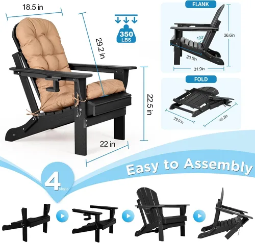 Miniatura 3 de nalone Silla plegable Adirondack con cojín con portavasos, silla de patio de plástico HDPE de gran tamaño resistente a la intemperie, utilizada