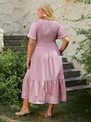 Miniatura 5 de Glamaker Vestido de Verano Casual de Manga Corta con Cuello Cuadrado Fruncido Talla Grande para Mujer Vestido Midi Suelto Línea A Vestido Largo