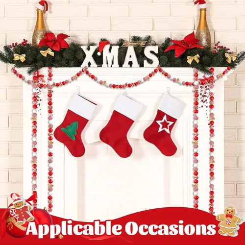 Miniatura 6 de Misdary 200 piezas de cuentas navideñas para manualidades, cuentas navideñas de madera, rojas y blancas, caramelo de menta, jengibre para joyería