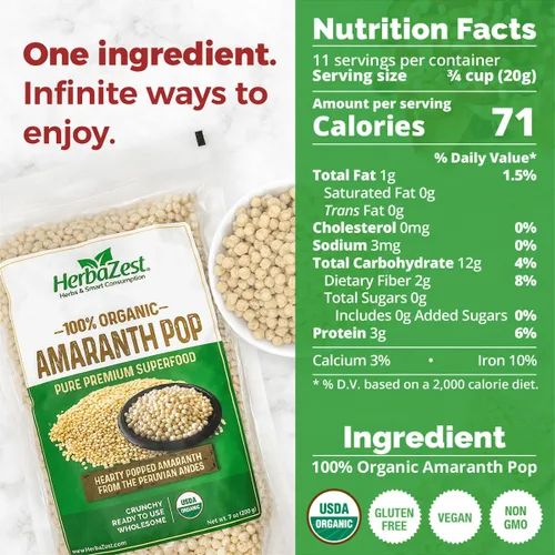 Miniatura 2 de HerbaZest Pop de amaranto orgánico – Bolsa de 8 onzas – Grano antiguo nutritivo – Superalimento listo para comer – Certificado USDA, sin gluten
