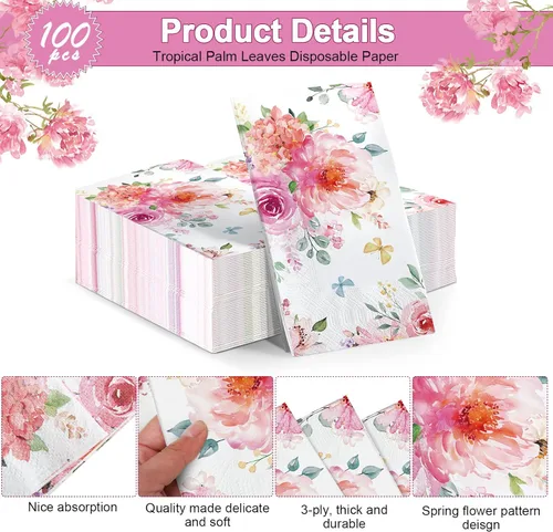 Miniatura 3 de Tatuo 100 servilletas florales de 3 capas de acuarela para cena, servilletas de papel desechables decorativas para bodas, cumpleaños, baby shower