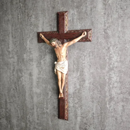 Miniatura 5 de Crucifijo católico BC de pared, cruz de Jesucristo, regalo religioso devoto, aspecto tallado en madera, 12 pulgadas de alto, pintado a mano por