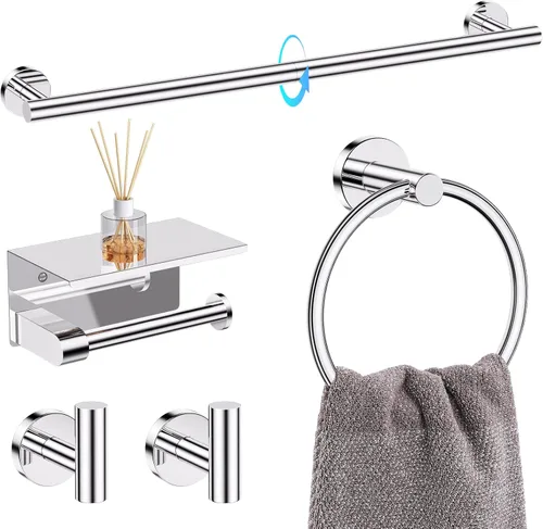 Miniatura 16 de TQKAG Juego de 5 piezas de accesorios de baño de níquel cepillado 23.6" SUS304 de acero inoxidable Juego de soporte de toalla de baño Soporte