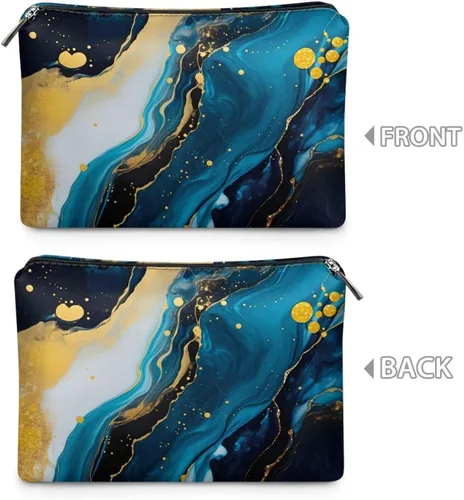 Miniatura 3 de Flashideas Bolsa de maquillaje portátil de cuero impermeable bolsa de cosméticos embrague maquillaje cepillo bolsa, Estampado De Mármol Azul 1