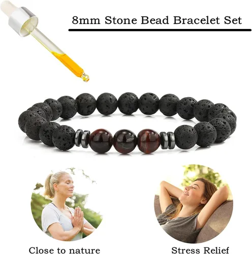Miniatura 3 de MengPa - Pulseras de cuentas con cuentas de piedra volcánica mate y roca de lava, elástica, para hombre y mujer
