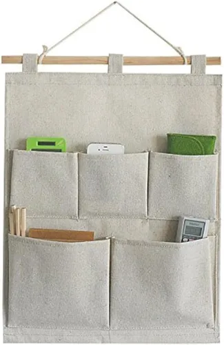 Co-link, organizador de tela de lino/algodón, colgador para la puerta o pared con bolsillos de almacenamiento, para libros, regreso a la escuela, 5