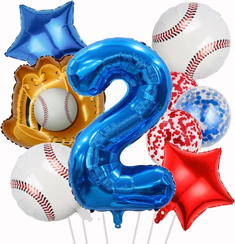 Miniatura 22 de Globos de béisbol de papel de aluminio para decoración de cumpleaños, globos con el número 7, globos de confeti de estrella roja y azul para Béisbol