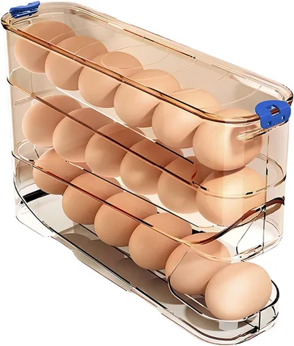 Recipiente para huevos para refrigerador transparente apilable para almacenamiento y organización de cocina (marrón oscuro, 3 niveles)