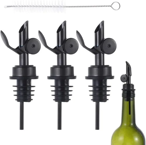 beyonday 3 vertedores de botellas de licor de cierre automático, color negro, tapones para botellas de vino con tapa de goma para polvo y cepillo de