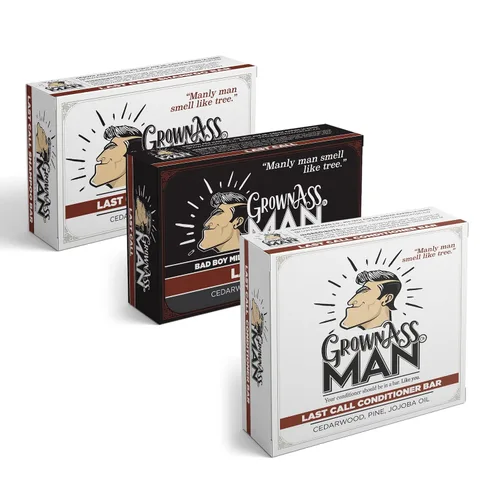 Grown Ass Man Co. Paquete de baño completo para hombres, barra de champú, barra acondicionadora y barra corporal, rica espuma con aceites naturales,