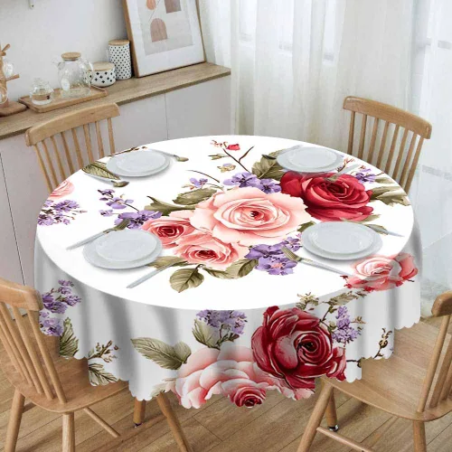 Miniatura 2 de IBILIU Mantel redondo con diseño floral de rosas, flores de acuarela, flores rosas, flores moradas, mantel circular decorativo para cocina