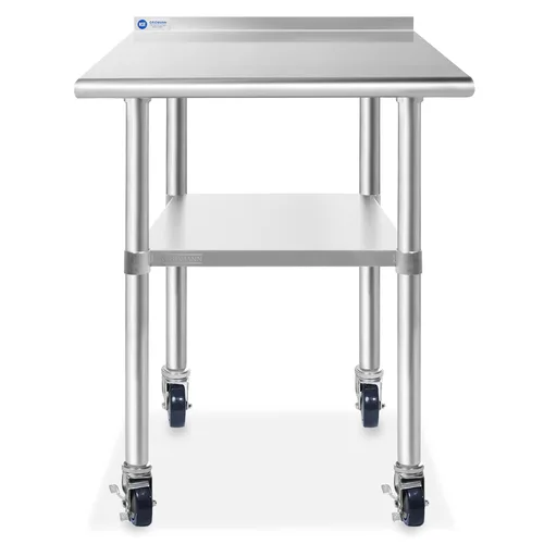 Gridmann. Mesa de preparación y trabajo para cocina comercial, hecha en acero inoxidable con 4 ruedas con protectores contra salpicaduras. Varios
