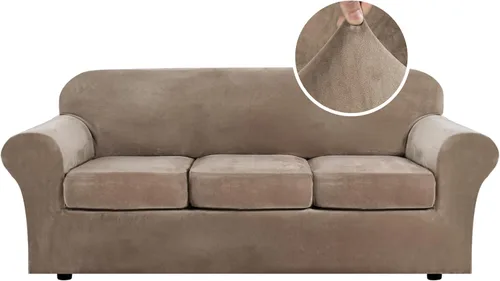 H.VERSAILTEX - Funda para sofá muy elástica, 4 piezas, de terciopelo suave y afelpado, moderna, protectora, ajustable, gruesa, para sofá con 3 Camel