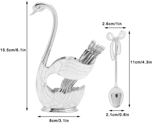 Miniatura 2 de Juego de cucharas de postre de café de metal con soporte, cisne para cucharas, base de cubiertos de frutas, organizador de 6 piezas de helado