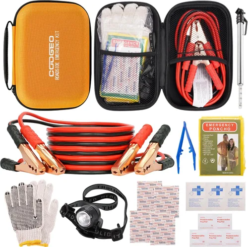 Kit de emergencia en carretera para auto con cables de puente de batería, accesorios para auto para hombres o mujeres, kit de seguridad automotriz