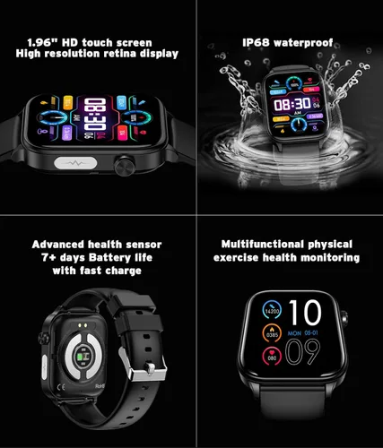 Miniatura 6 de Reloj inteligente para hombre y mujer, reloj inteligente con pantalla táctil HD de 1.96 pulgadas, más de 100 deportes, presión arterial, frecuencia