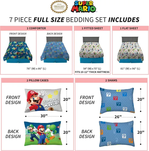 Miniatura 4 de Franco - Juego de ropa de cama para niños supersuave, edredón y juego de sábanas con funda de almohada, 7 piezas, tamaño matrimonial, Mario