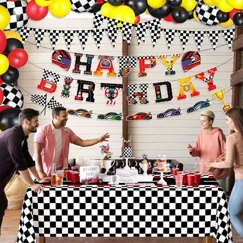 Miniatura 7 de WNINK Manteles con temática de auto de carreras, cartel de feliz cumpleaños, mantel rectangular de carreras, kit de decoración de fiesta de auto